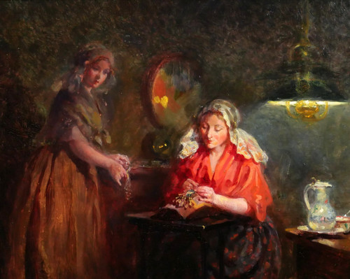 Claude Salvator HUGARD 1861 -? Netherlands, the lacemakers, evening effect, painting, circa 1910