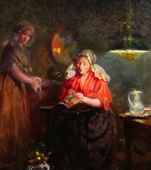 Claude Salvator HUGARD 1861 -? Netherlands, the lacemakers, evening effect, painting, circa 1910