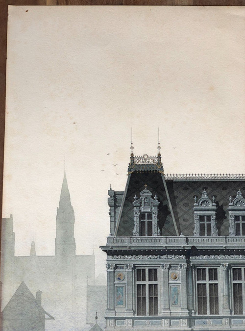 Aquarelle Château Ou Dessin d'Architecture Fin XIXème Siècle