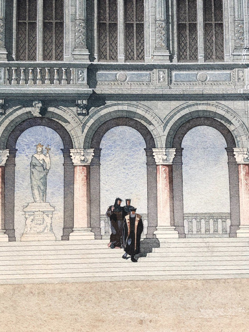 Aquarelle Château Ou Dessin d'Architecture Fin XIXème Siècle