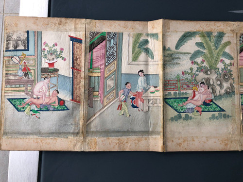 Album érotique Chinois En Accordéon 12 Aquarelles Sur Soie époque Début XIXème