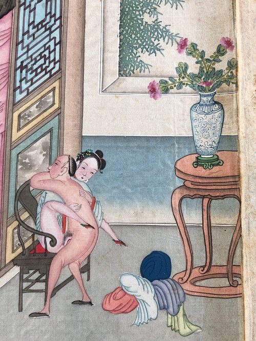 Album érotique Chinois En Accordéon 12 Aquarelles Sur Soie époque Début XIXème