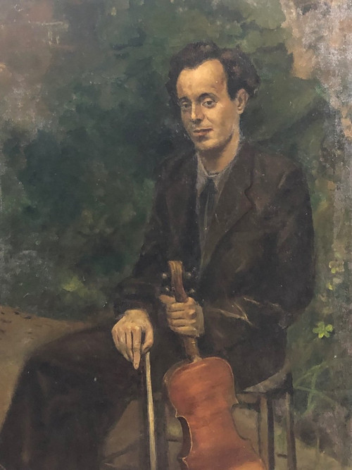 Important Portrait D’un Jeune Violoniste - Huile Sur Toile 1937  H 119cm