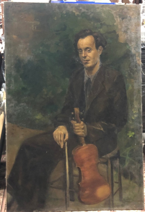 Important Portrait D’un Jeune Violoniste - Huile Sur Toile 1937  H 119cm