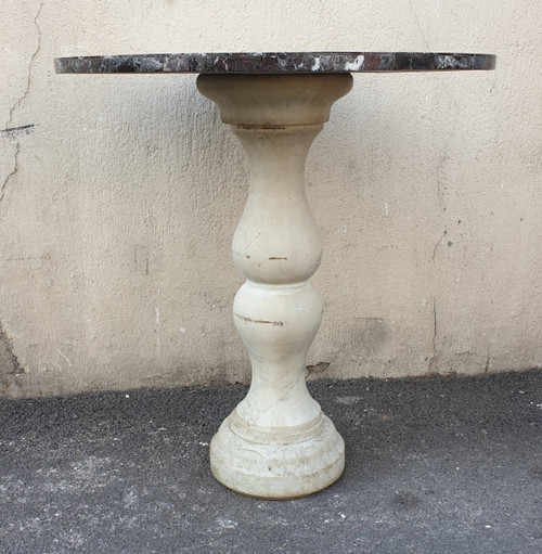 Marble Pedestal Table With Marquetry Top, 19th Century