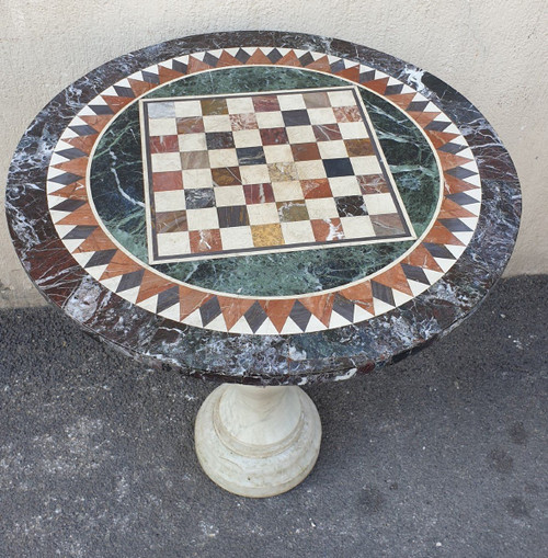 Marble Pedestal Table With Marquetry Top, 19th Century