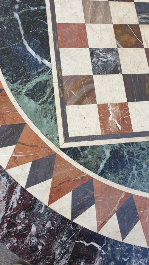 Marble Pedestal Table With Marquetry Top, 19th Century