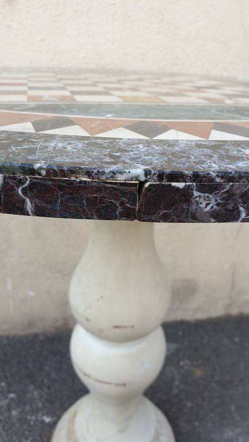 Marble Pedestal Table With Marquetry Top, 19th Century