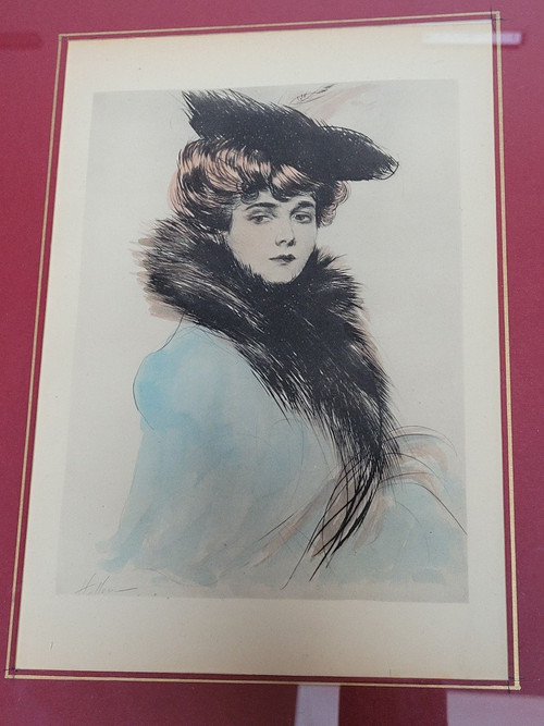 Helleu, watercolor lithograph, portrait of Mme Chéruit, early 20th century