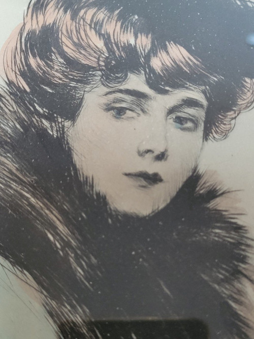 Helleu, watercolor lithograph, portrait of Mme Chéruit, early 20th century