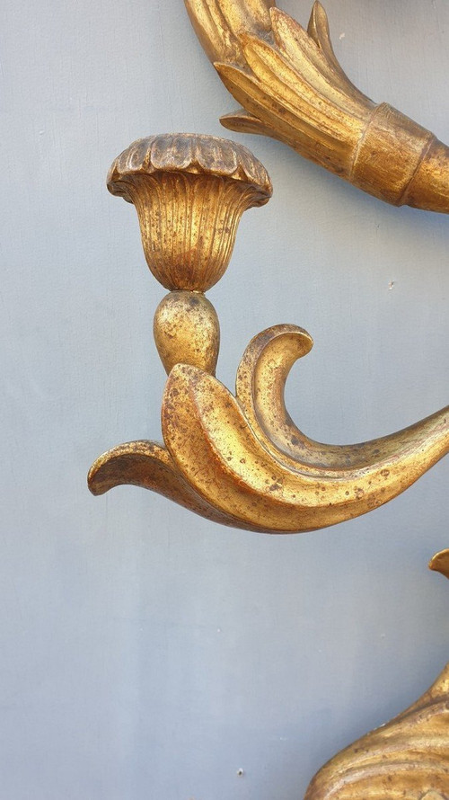 Large Wall Lamp In Carved Golden Wood, Tuscany 19th Century