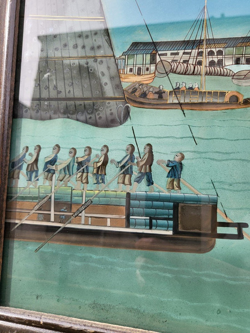 Fixed Under Glass View of a Port in Asia, 20th Century