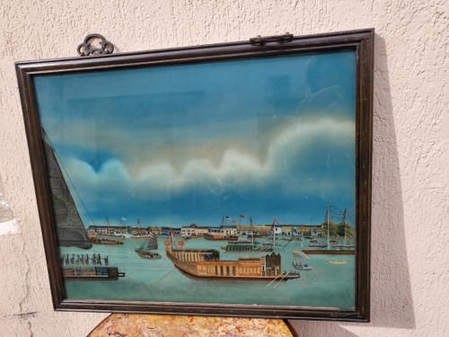 Fixed Under Glass View of a Port in Asia, 20th Century