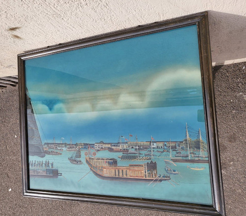 Fixed Under Glass View of a Port in Asia, 20th Century