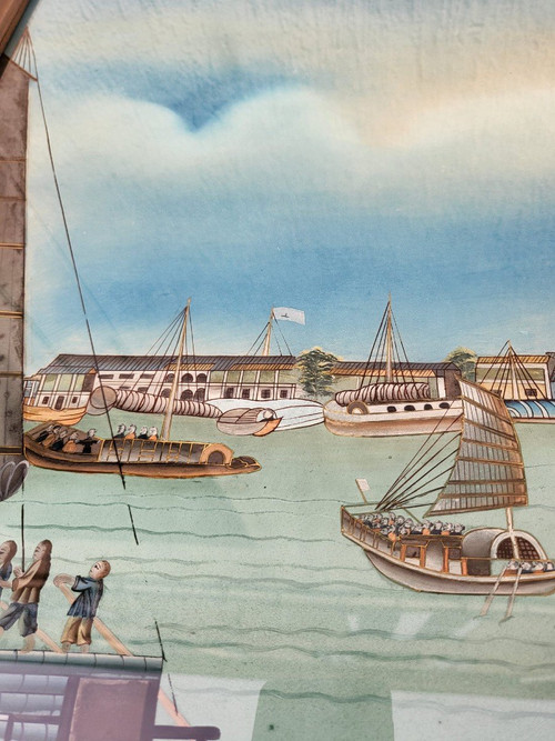 Fixed Under Glass View of a Port in Asia, 20th Century