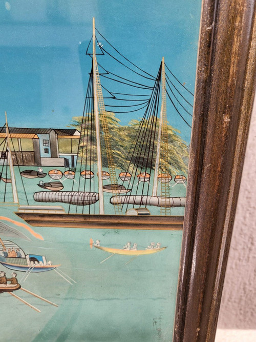 Fixed Under Glass View of a Port in Asia, 20th Century