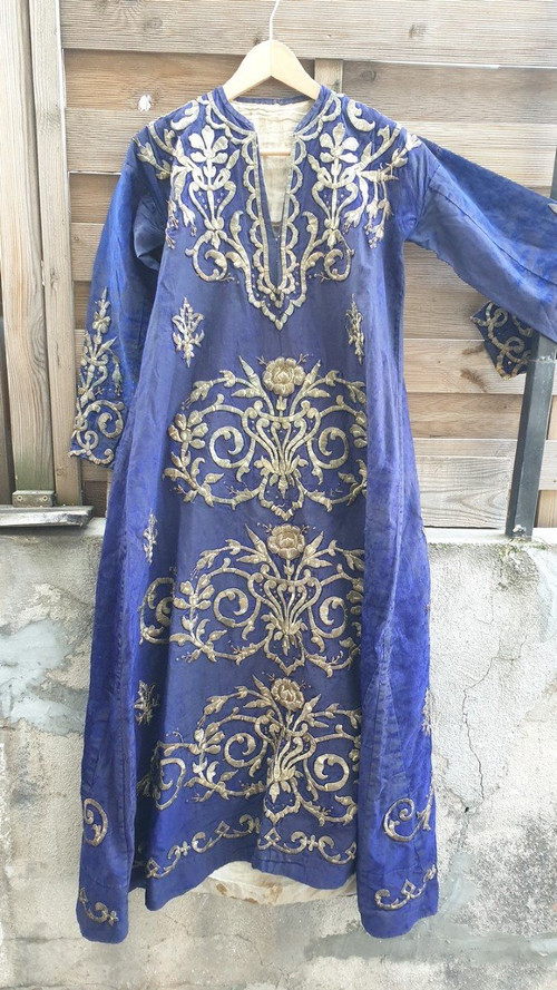 Blue Oriental Caftan With Silver Thread Embroidery, 19th Century