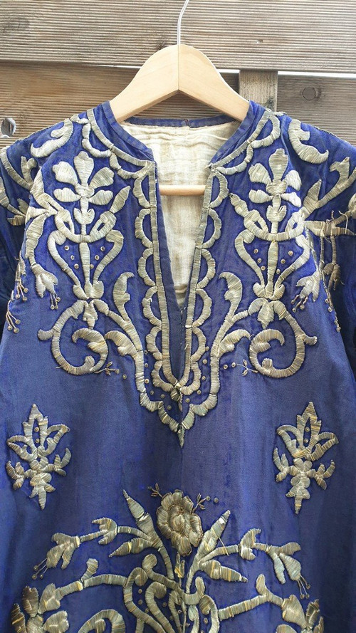 Blue Oriental Caftan With Silver Thread Embroidery, 19th Century