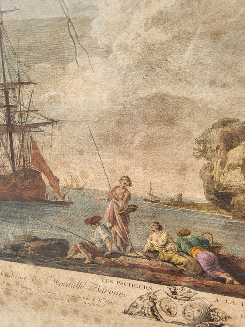 Suite De 4 Gravures Encadrées, La Pêche, XIXème Siècle