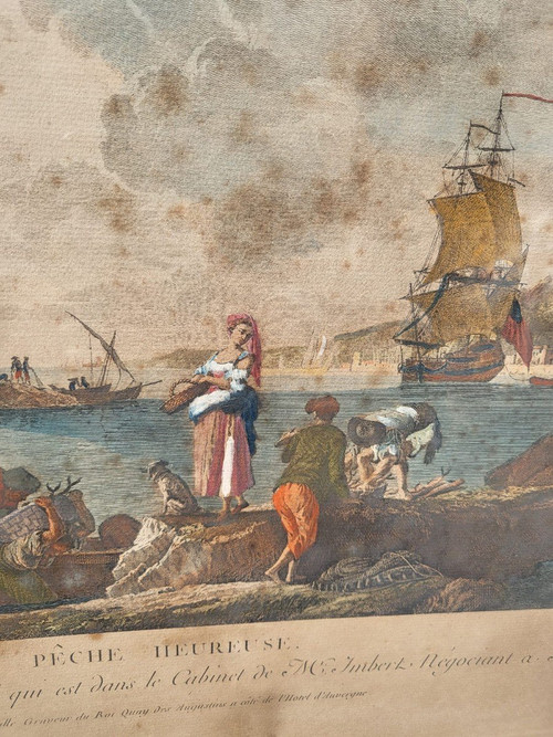 Suite De 4 Gravures Encadrées, La Pêche, XIXème Siècle