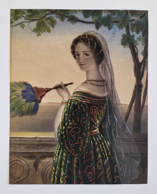 Watercolored Lithograph Italian Woman With A Fan