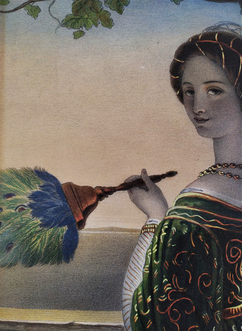 Watercolored Lithograph Italian Woman With A Fan