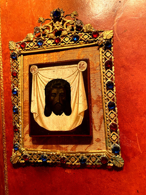 Le visage du Christ à la couronne d'épines , peinture à l'icone très bien encadrée d'époque XIXème