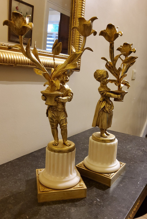 Pair of "Enfants Jardiniers" gilded bronze and marble Candelabras Late Louis XVI period