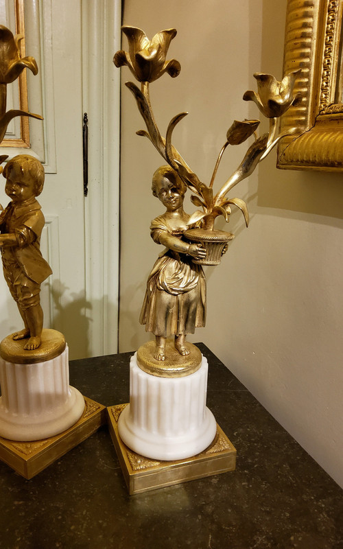 Pair of "Enfants Jardiniers" gilded bronze and marble Candelabras Late Louis XVI period