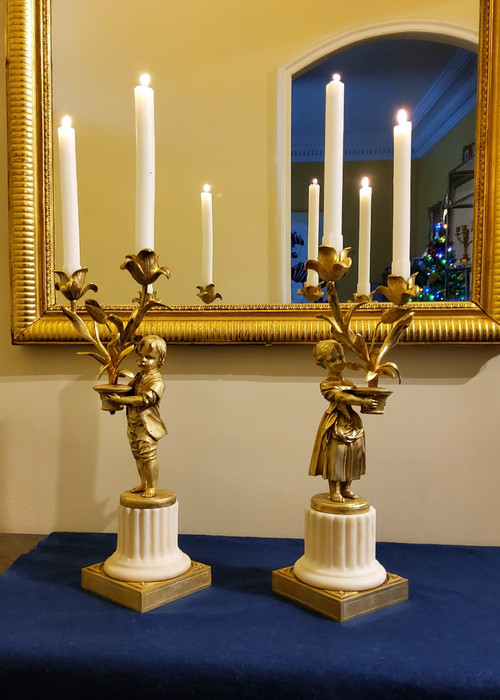 Pair of "Enfants Jardiniers" gilded bronze and marble Candelabras Late Louis XVI period