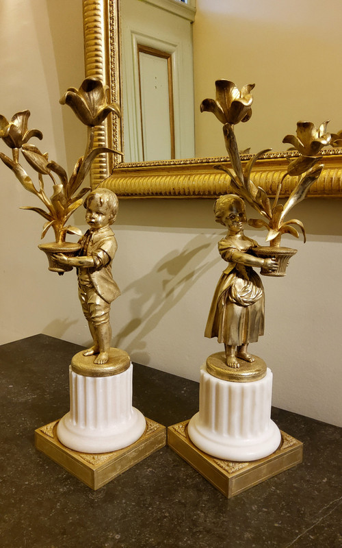 Pair of "Enfants Jardiniers" gilded bronze and marble Candelabras Late Louis XVI period