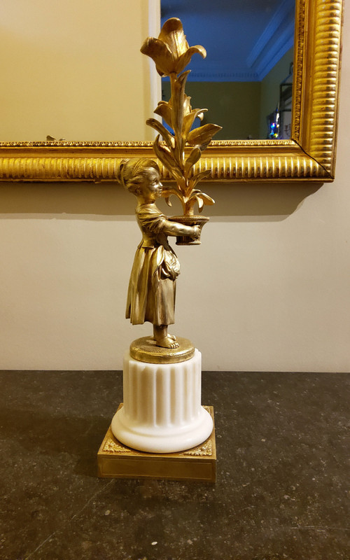 Pair of "Enfants Jardiniers" gilded bronze and marble Candelabras Late Louis XVI period