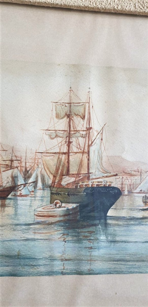 M Achard, Port De Marseille - Fort Saint Jean, Aquarelle Signée XIXème siècle