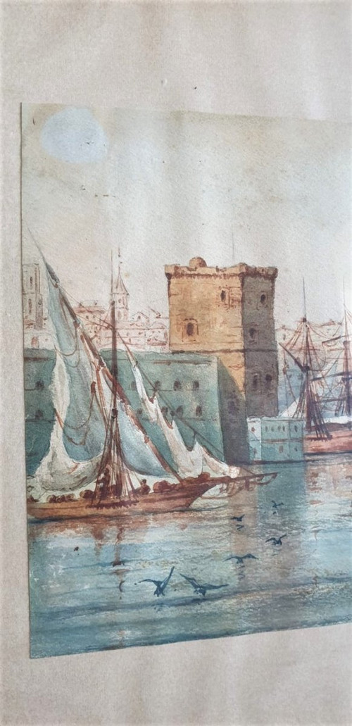 M Achard, Port De Marseille - Fort Saint Jean, Aquarelle Signée XIXème siècle