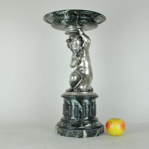 Marble Cup And Putto In Silvered Bronze, 19th Century