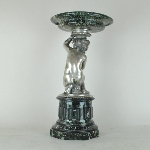 Marble Cup And Putto In Silvered Bronze, 19th Century