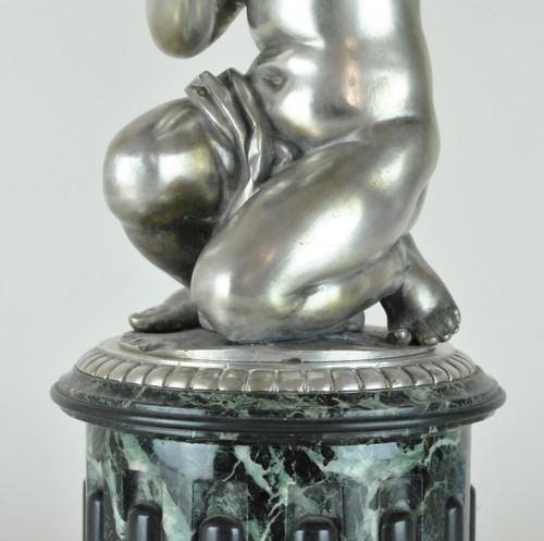 Marble Cup And Putto In Silvered Bronze, 19th Century