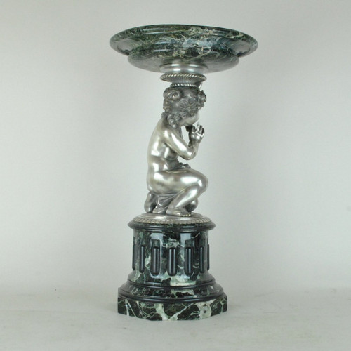 Marble Cup And Putto In Silvered Bronze, 19th Century