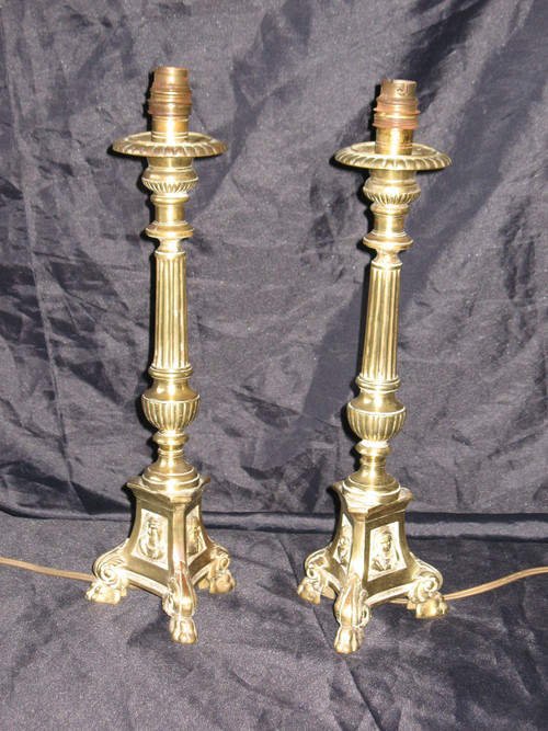 Pair of candlesticks mounted as bronze lamps from the early 20th century