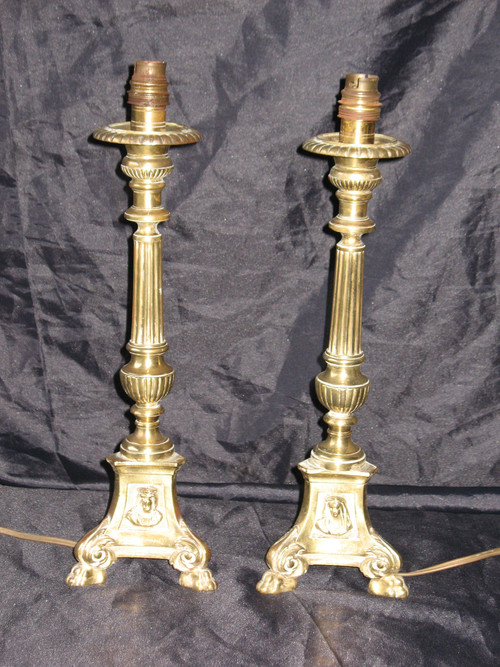 Pair of candlesticks mounted as bronze lamps from the early 20th century