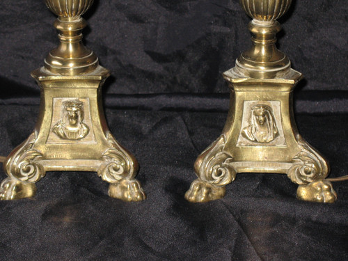 Pair of candlesticks mounted as bronze lamps from the early 20th century