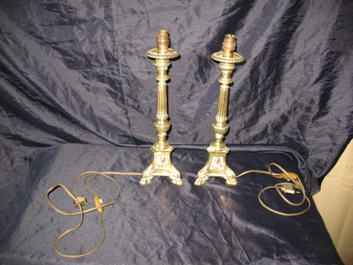 Pair of candlesticks mounted as bronze lamps from the early 20th century