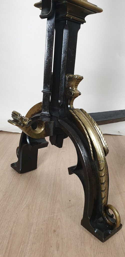 Pair Of Bronze And Iron Andirons, Gothic Style, 19th Century