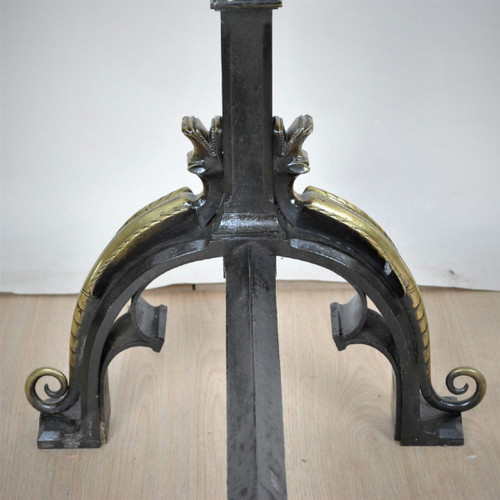 Pair Of Bronze And Iron Andirons, Gothic Style, 19th Century