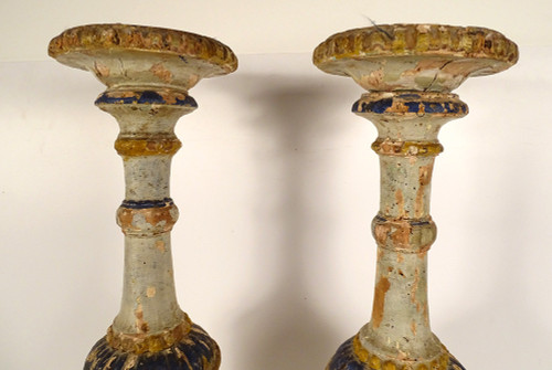 Pair of large polychrome carved wooden candlesticks 16th and 17th century candlesticks