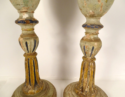 Pair of large polychrome carved wooden candlesticks 16th and 17th century candlesticks