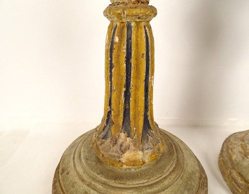 Pair of large polychrome carved wooden candlesticks 16th and 17th century candlesticks