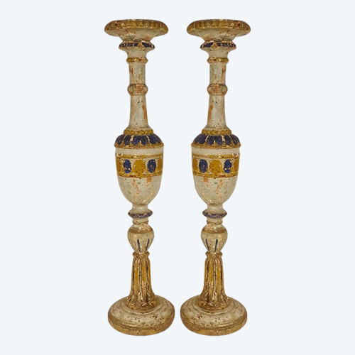 Pair of large polychrome carved wooden candlesticks 16th and 17th century candlesticks