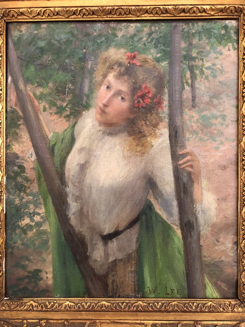 William Lee (1810-1865) Öl auf Leinwand – Frau mit blonden Haaren und Mohnblumen