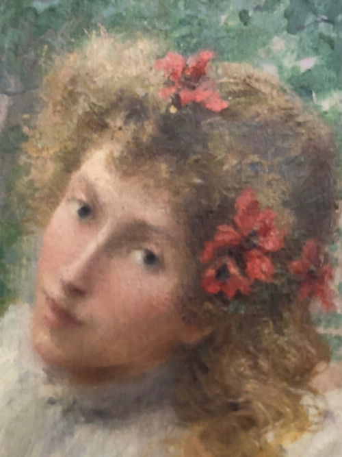 William Lee (1810-1865) Öl auf Leinwand – Frau mit blonden Haaren und Mohnblumen